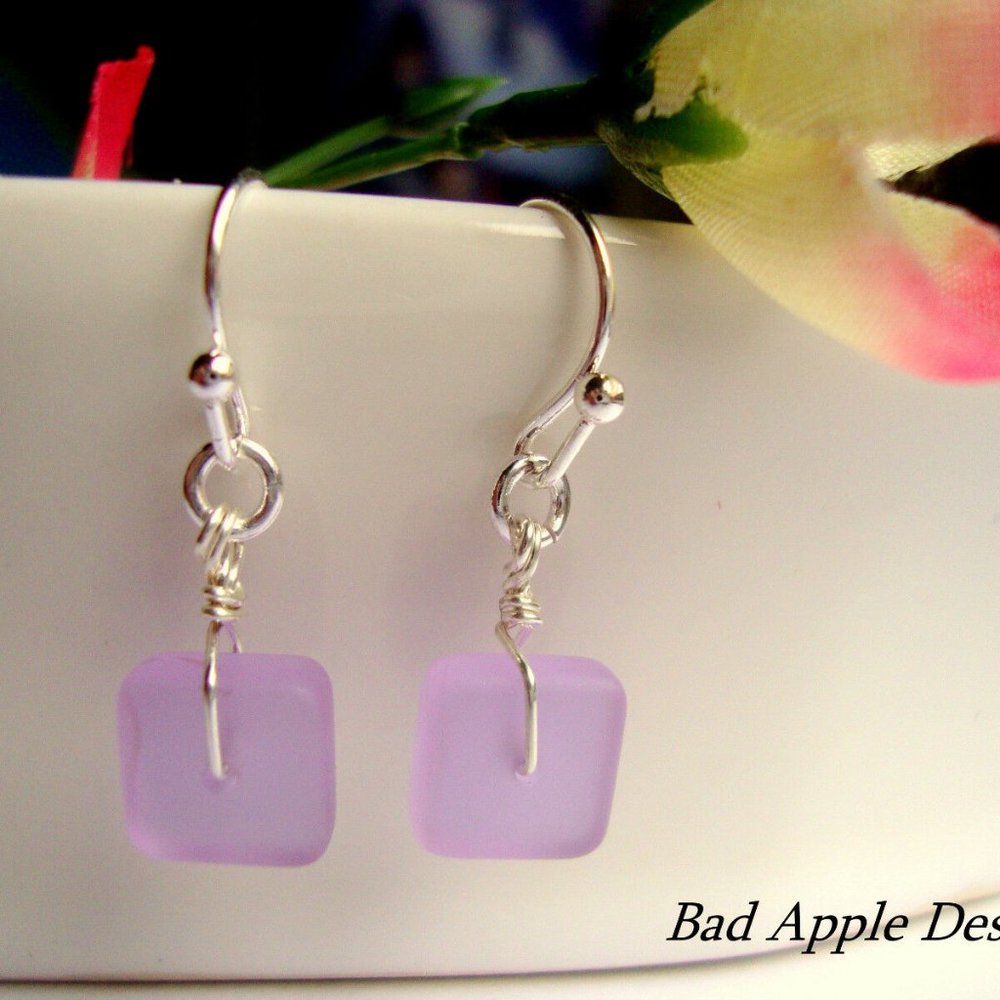 Square Purple Frosted Sea Glass Silver Earrings